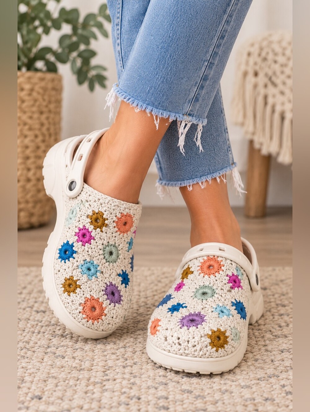 The Sak Bolo Flower Crochet Clogs Ecru Multicolor Boho Shoes Size 9